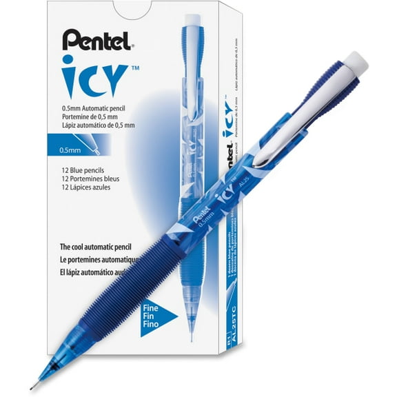Pentel® Icy™ Mechanical Pencil, 0.5mm, #2 Lead, Blue/Transparent Barrel, Pack Of 12