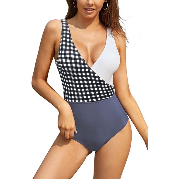 Bikini de una Pieza con Cuello en V y Bloques de Color para Mujer Azul de Lyon G Azul de Lyon G Xishao ropa