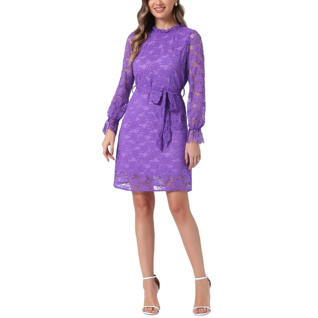 INSPIRE CHIC Vestido Mini Casual de Encaje Floral con Cuello Redondo y Mangas Largas para Mujeres XL Púrpura Violeta