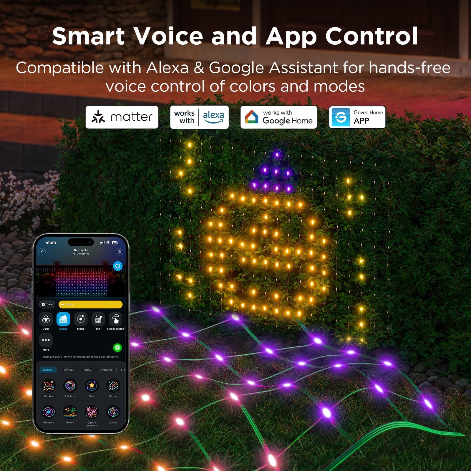 Govee LED Net Lights for Bushes, 2.8ft × 9.5ft, Animated Chirstmas Decorations, RGBIC Colorful Light Changing Effect, App & Voice Control