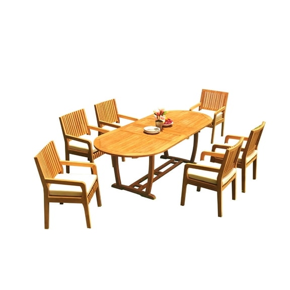 Grade-A Teak Dining Set: 6 Seater 7 Pc: 94" Mas Oval Trestle Leg Table And 6 Maldives Arm Chairs Outdoor Patio WholesaleTeak #51ML2307