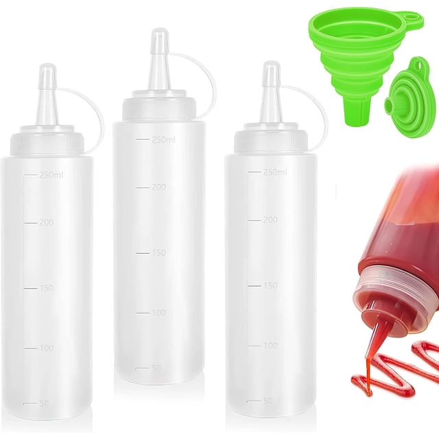 Botella de Exprimida para Condimentos, 3 Pcs Botellas de Plástico para Condimentos de Exprimible con Embudo, Botellas Exprimibles Rellenables para Ketchup, Salsas, Jarabe, Condimentos y Artes