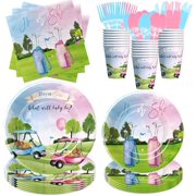 Golf Gender Reveal Decorations Tableware, Blue Or Pink Golf Gender Reveal Party Supplies, He Or She Paper Plate, Cup, Napkin, Cutlery, Serve 24