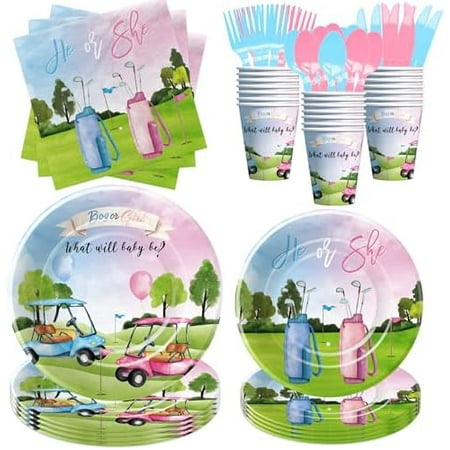 Golf Gender Reveal Decorations Tableware, Blue Or Pink Golf Gender Reveal Party Supplies, He Or She Paper Plate, Cup, Napkin, Cutlery, Serve 24