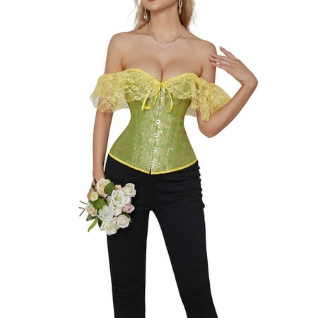 

Multitrust Women Lace Corset Tops for Summer Elegant Bandage Button Short Sleeve Off-shoulder Tops