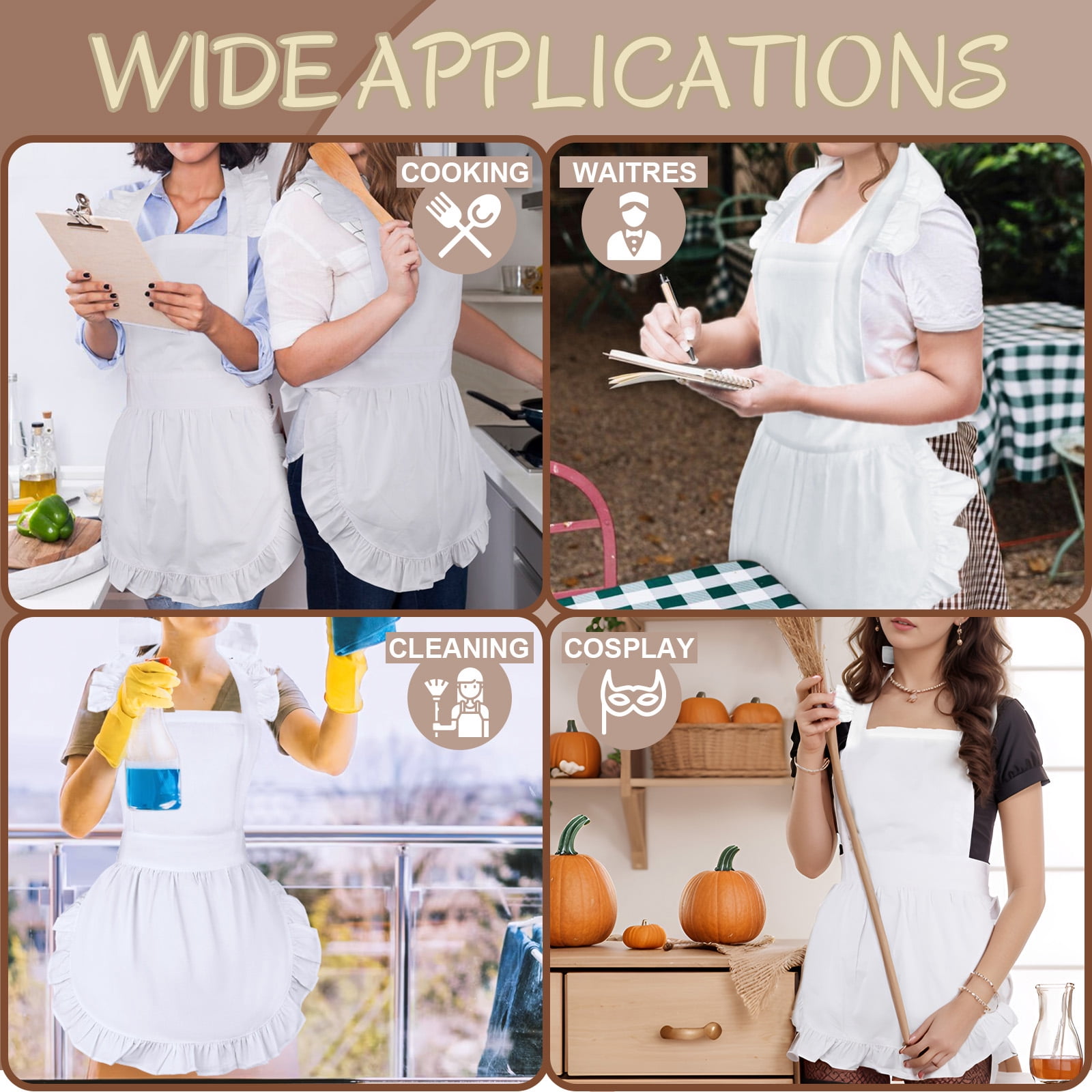 Aspire Kitchen Apron for Women, Christmas Cosplay Maid Ruffled Apron White, Waitress Working Apron, White