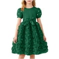 thumbnail image 2 of snilers Girls Princess Dress High Waist A Line Floral Tulle Party Dresses Pearl Trim Puff Short Sleeve Bowknot Dresses 4-8 Years, 2 of 7