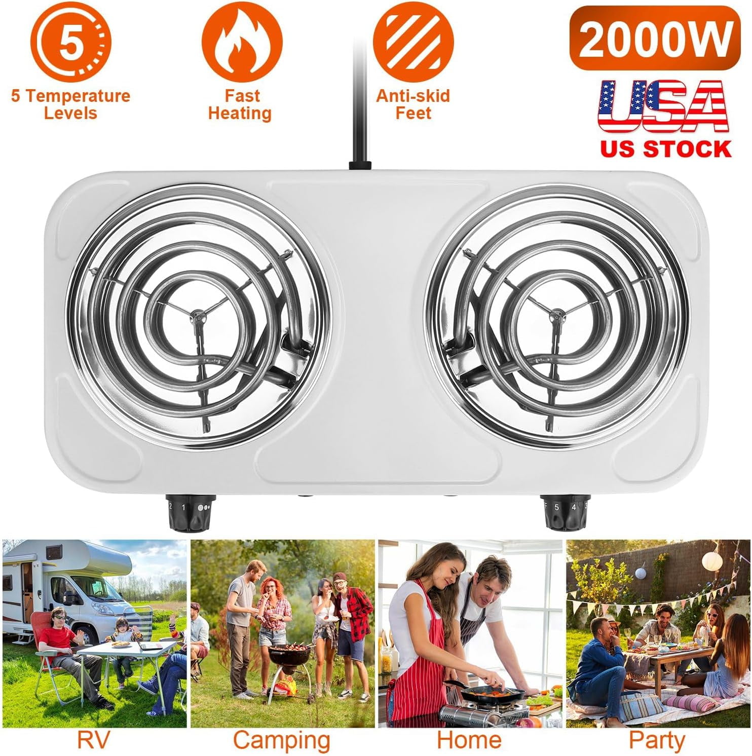 Hot Plate, 2000W  Countertop Burners,Portable Double-Coil Electric Stove for Cooking with 5 Levels Adjustable Temperature & Dual Control, for All Cookwares Home Camp RV (White)