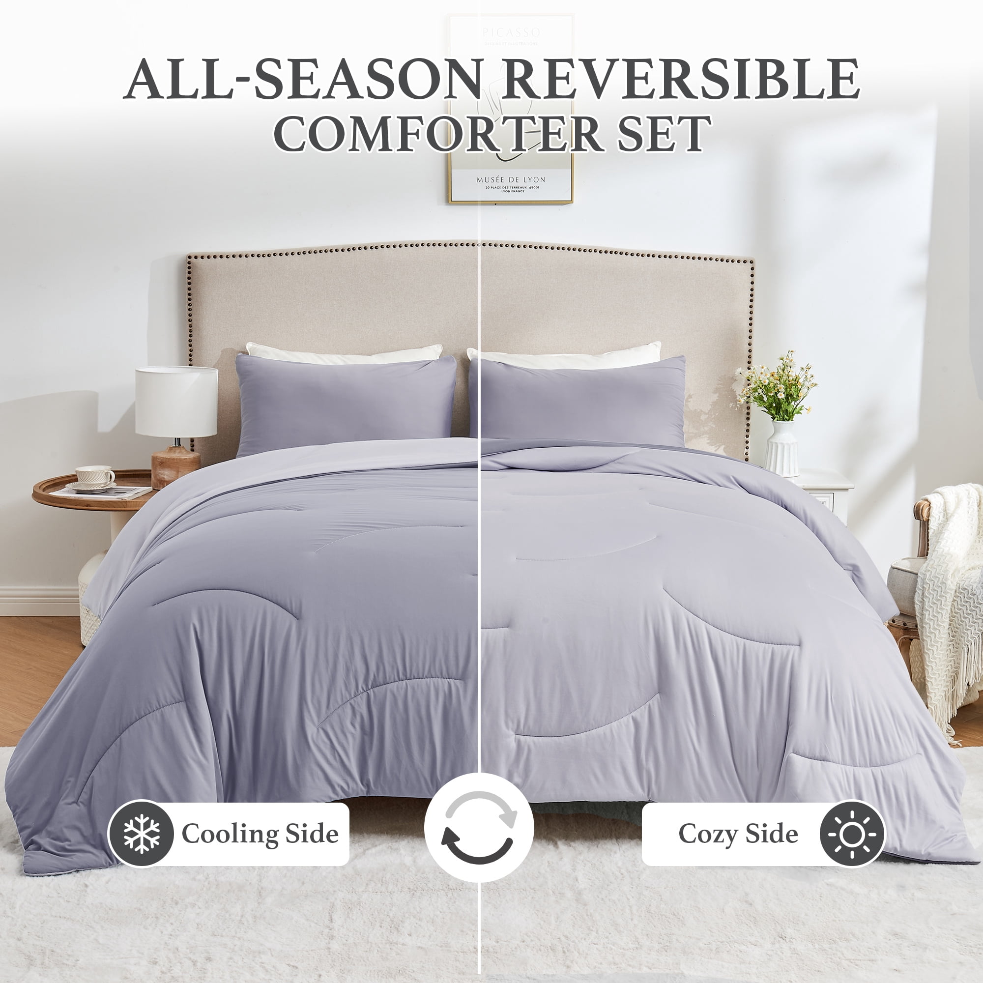 HOMTEC Reversible 3-Piece Comforter Set, All Season Double-Sided Comforter with 2 Pillowcases, King Size, Gray