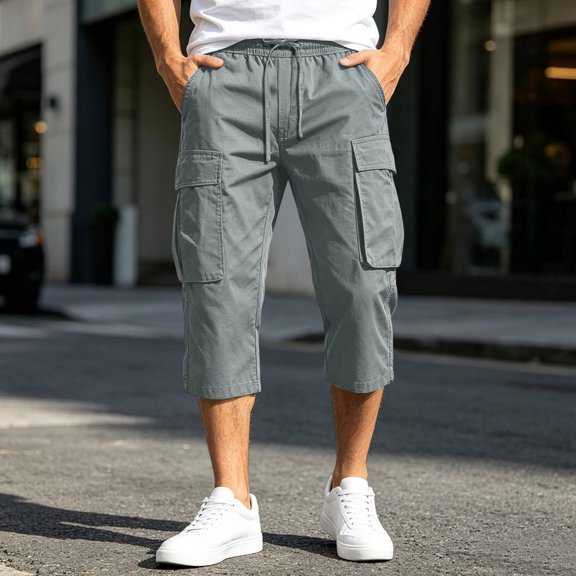 Zimjoy Men's Cargo Shorts Below The Knee Loose Elastic Waist Stretch Lightweight Capri Casual Outdoor Hiking Shorts with 4 Pockets Gray L