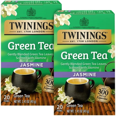 Pack of 2 - Twinings Green Tea With Jasmine, Individually Wrapped Bags, Fragrant Floral Scent, Caffeinated, Honey Stick Included, 20 Count, (Pack Of 2)