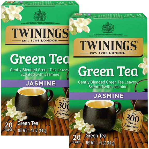 Pack of 2 - Twinings Green Tea With Jasmine, Individually Wrapped Bags, Fragrant Floral Scent, Caffeinated, Honey Stick Included, 20 Count, (Pack Of 2)