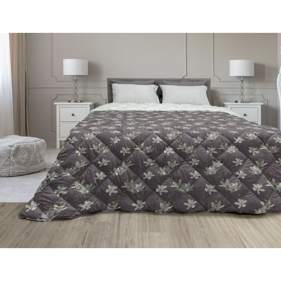 Floral Down Alternative Comforter, Retro Magnolia Tree Branch Flourishing Fragrance Blossoms Pattern Print, Microfiber Quilt for All Season, 5 Sizes, Mustard Brown and Green, by Ambesonne