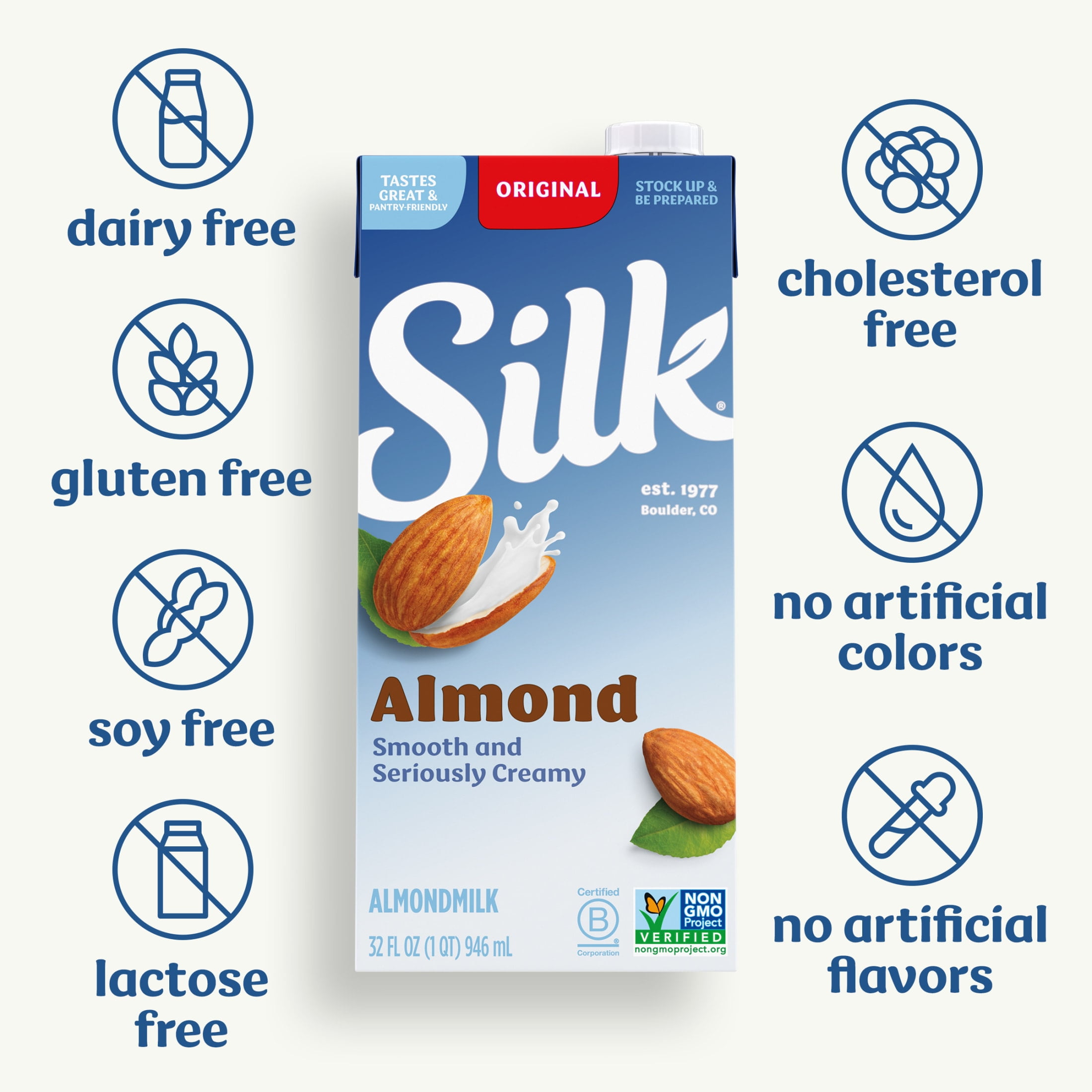 Silk Shelf Stable, Dairy Free, Lactose Free, Gluten Free, Original Almond Milk, 32 fl oz Quart, 6 Count