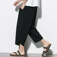 thumbnail image 4 of Lovskoo 2024 Mens Cotton Linen Capris Pants Solid Color Casual Trendy Loose Cropped Pants Black 3XL, 4 of 6