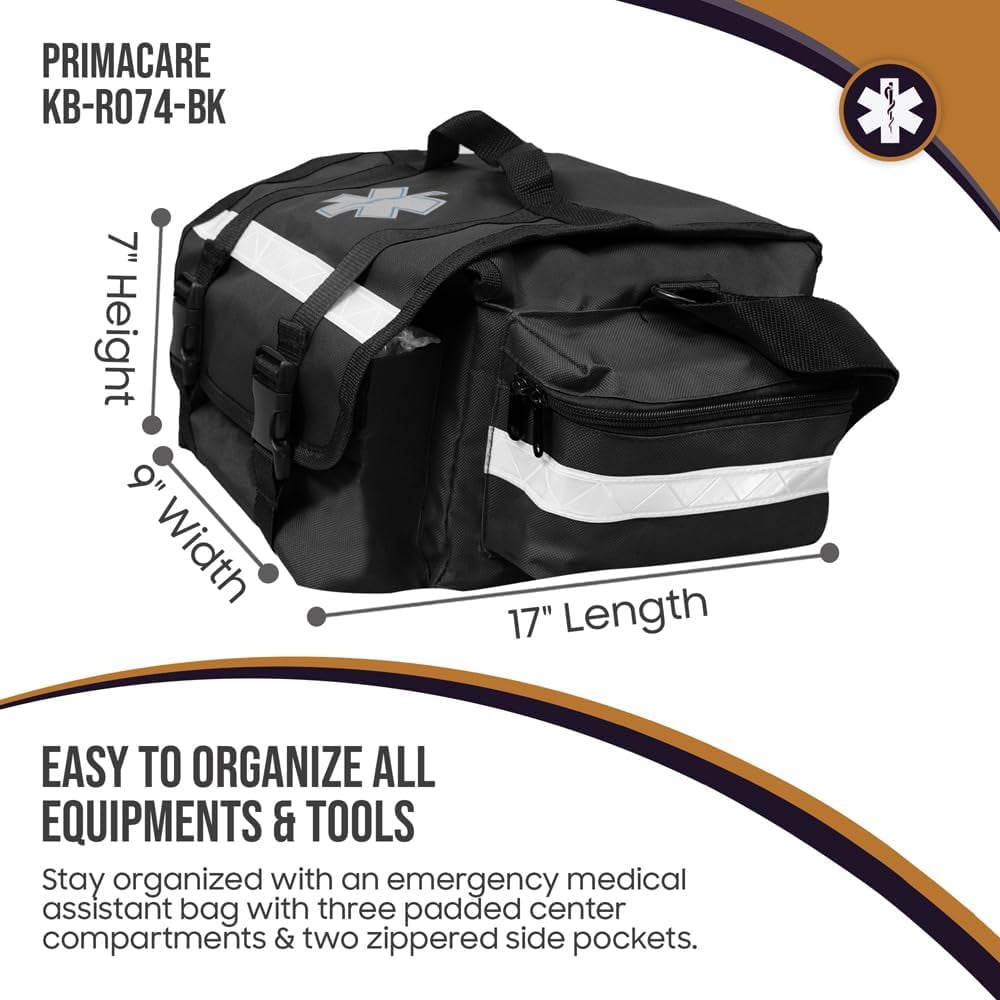 Primacare KB-RO74-BK EMT Emergency Trauma First Responder Medical Bag With Multiple Compartments Empty, Black