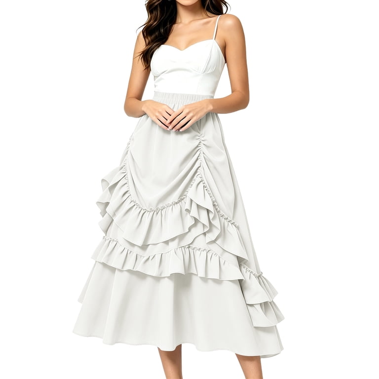 flowy white pirate dress Kctiaxy Skirts for Women Ruffle Tiered Renaissance Skirt Casual Solid Elastic Waist Asymmetrical Midi Skirt Costumes L, Women's YGroup_jasmine-halter-maxi-dress
