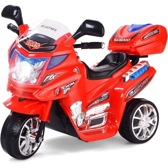 Costway Moto Montable para Niños Moto Eléctrica Juguete de Batería 6 V con 3 Ruedas Música Incorporada Focos Función Adelante y Atrás Rojo