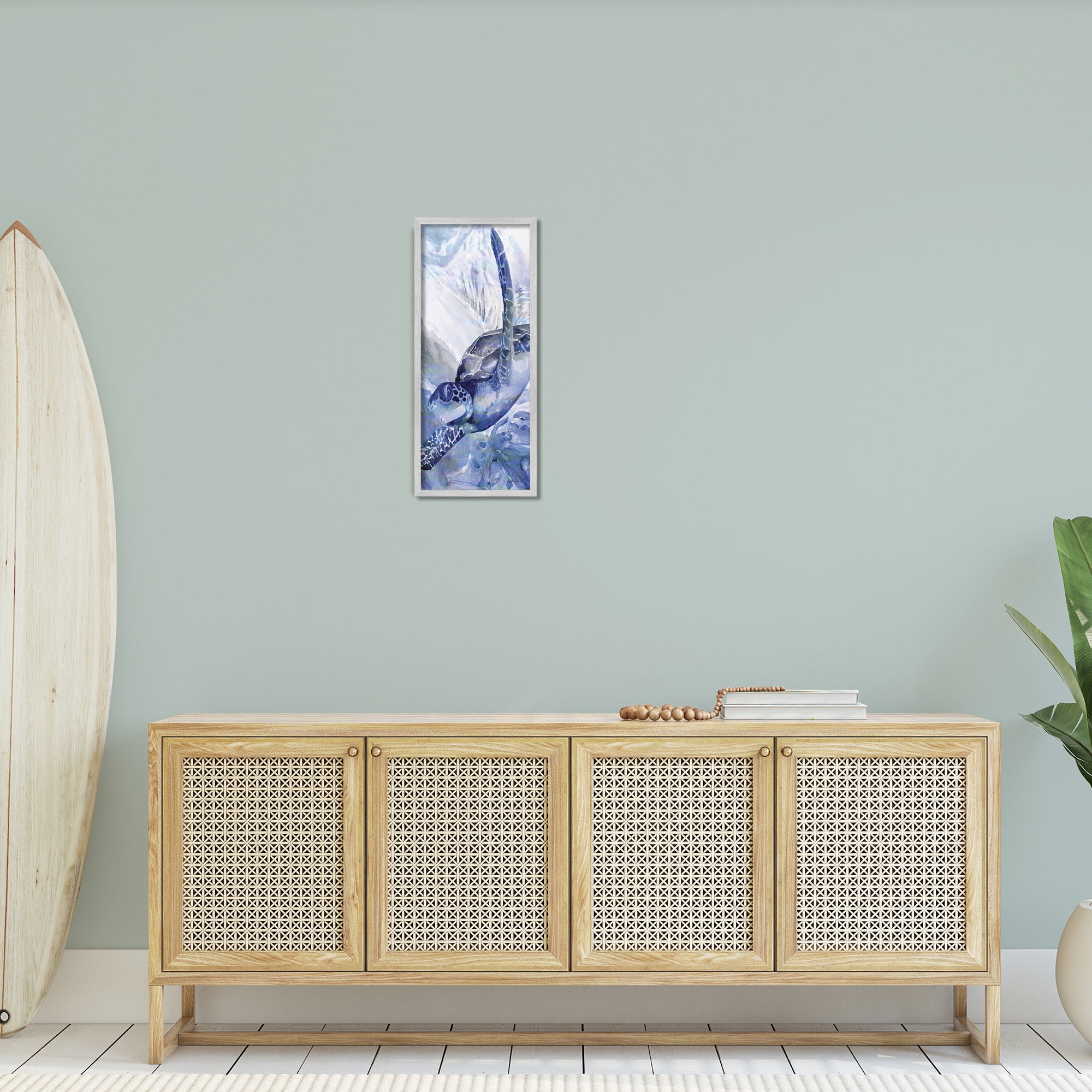Stupell Industries Sea Turtle Swimming In Ocean Animals & Insects Painting Gray Framed Art Print Wall Art, 10 x 24