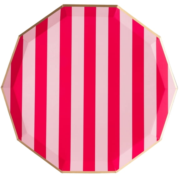 Bonjour Fête Pink Striped Large Paper Dinner Plates, Disposable Party Supplies, 8 Count, 10.75 Inch, Happy Birthday, Bridal Shower, Valentines