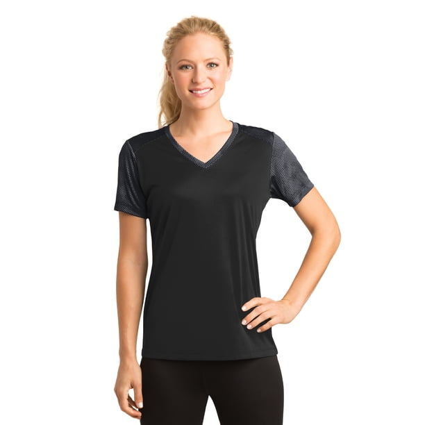 Camiseta con cuello en V Sport-Tek CamoHex Colorblock LST371 Negro/Gris hierro 4XL
