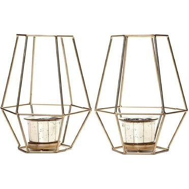 Hosley Set of 2, 7 Inch High Metal Lantern With Metallic Gold Glass Tealight Candle Holders