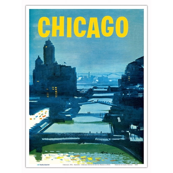 Chicago - Bridges over the Chicago River - Vintage Travel Poster by Austin Briggs c.1960s - Master Art Print (Unframed) 9in x 12in