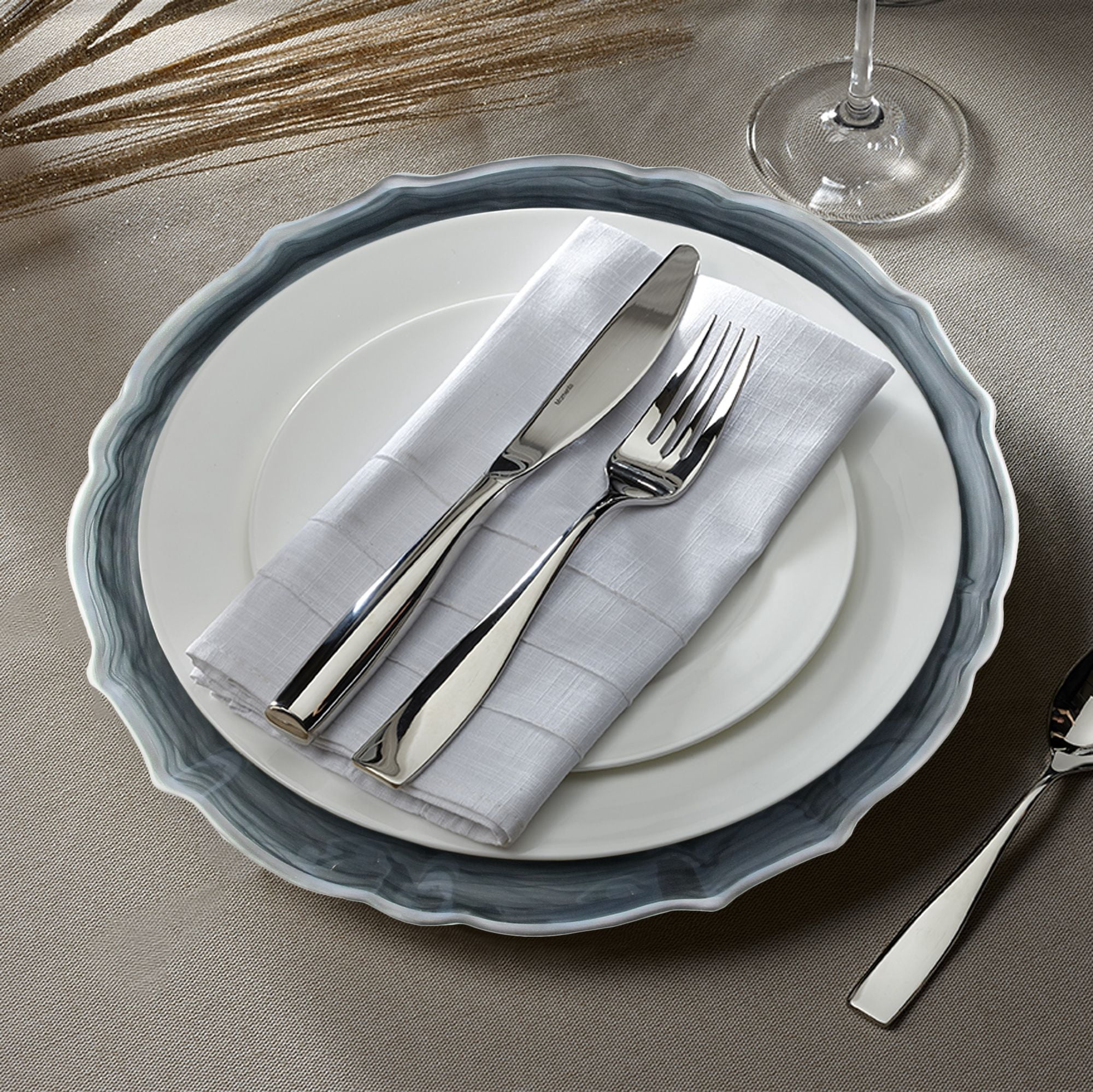 American Atelier Alabaster Scallop Black 13” Under Plate with Silver Rim