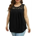 thumbnail image 3 of Summer Tank Tops for Women Loose Fit Pleated Tunics Scoop Neck Sleeveless Lace Tops Curved Hem Flowy Black S, 3 of 6