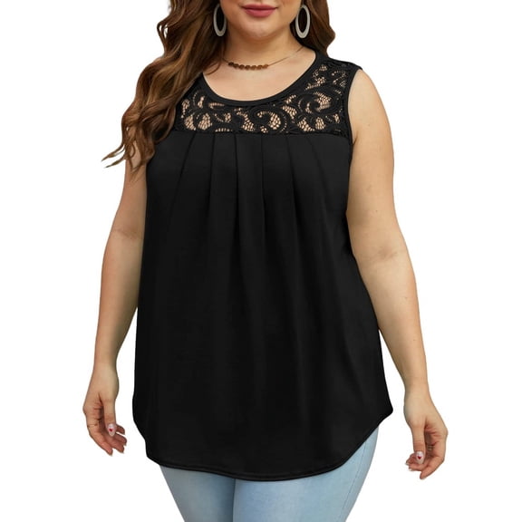 Summer Tank Tops for Women Loose Fit Pleated Tunics Scoop Neck Sleeveless Lace Tops Curved Hem Flowy Black S