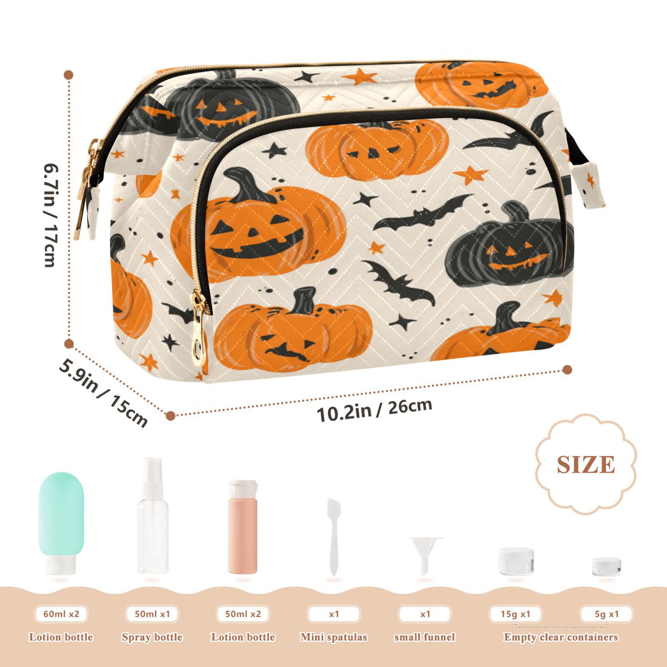 Wavy Quilted Cosmetic Bag Large-Capacity Travel Toiletry Organizer Includes 9-Piece Portable Travel Bottle Set Cartoon Halloween Pumpkins and Bats