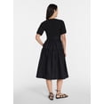 thumbnail image 3 of Time and Tru Women's Mixed Media Midi Dress with Puff Sleeves, Sizes XS-XXXL, 3 of 5