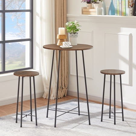 VECELO 3-Piece Bar Table Set with 2 Stools, Space Saving Round Pub Table Set for Breakfast Nook, Bistro, Dining Room, Kitchen, Coffee Brown
