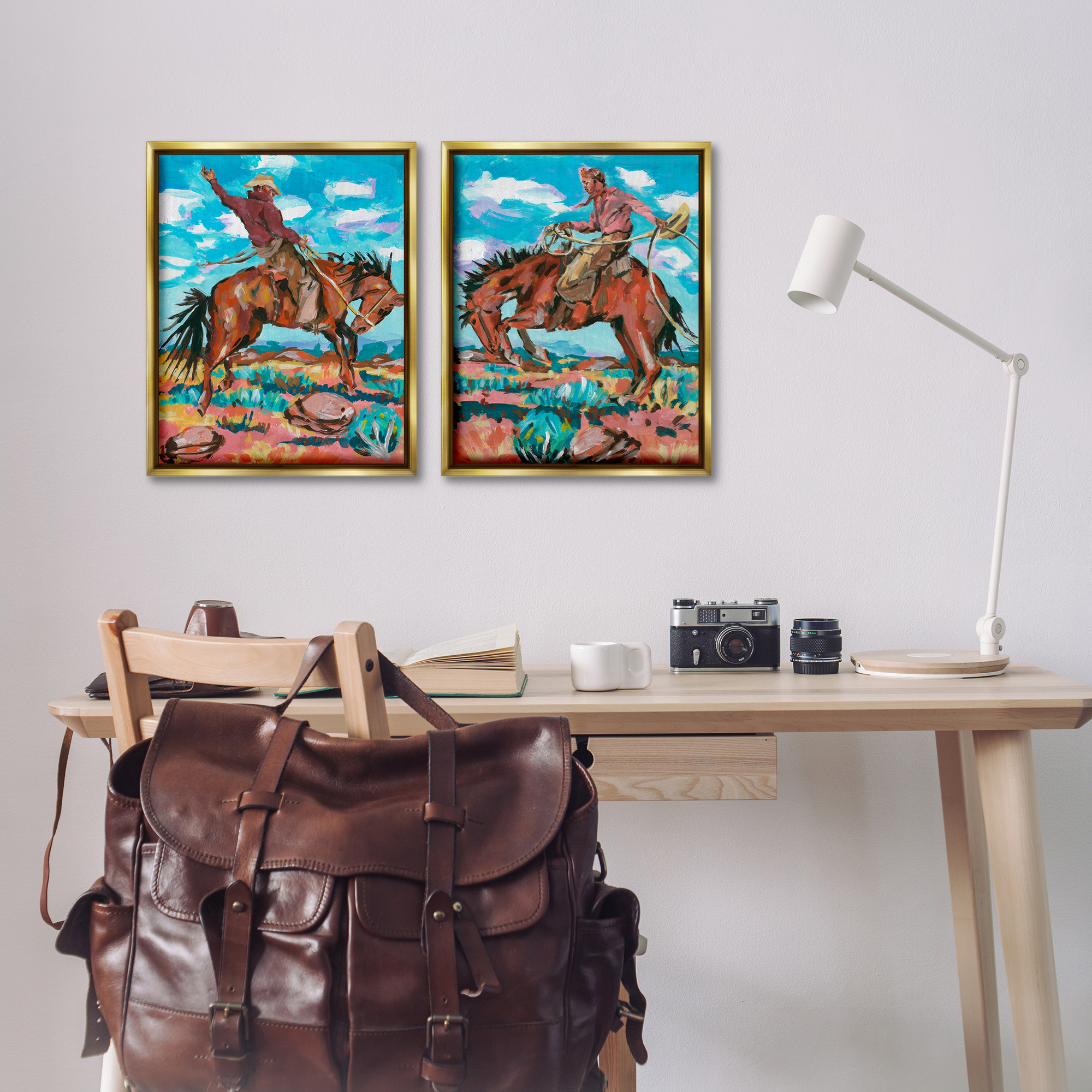 Stupell Industries Rustic Cowboys in Desert Entertainment Painting Gold Floater Framed Canvas Art Print Wall Art, 17 x 21, Set of 2