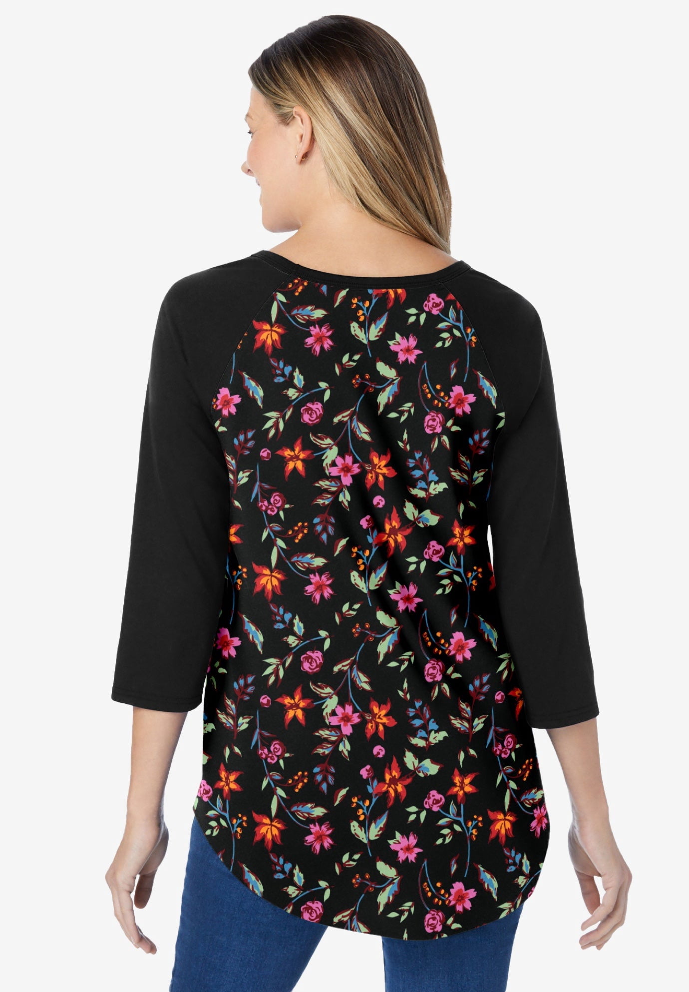 Woman Within Plus Size Three-Quarter Sleeve Baseball Tee