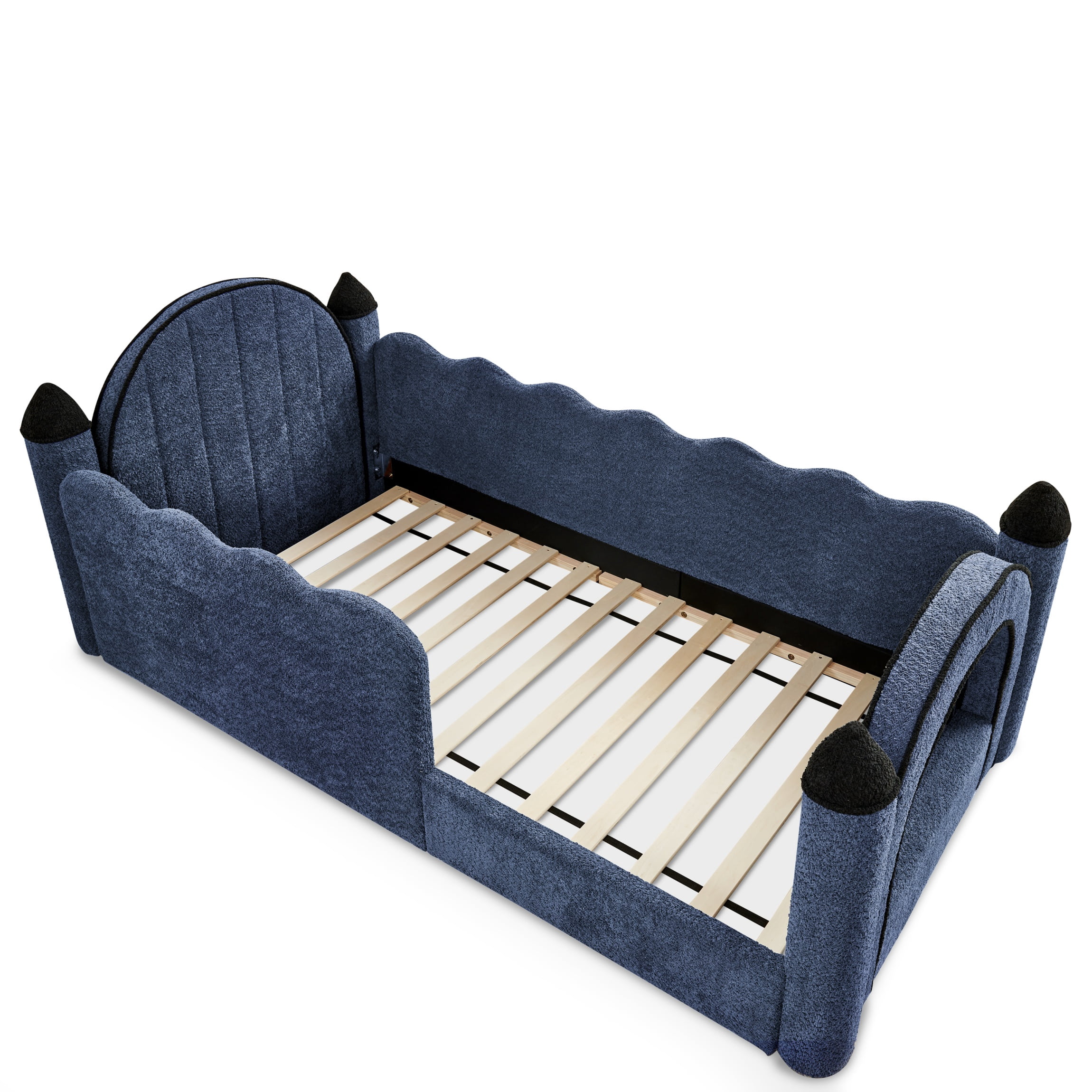 Twin Size Castle-Shaped Kids Floor Bed with Safety Guardrail, Low Profile Upholstered Platform Bed Frame with Small Curtain