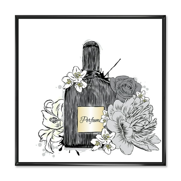 Bouquet of Flowers and Perfume Bottle III 16 in x 16 in Framed Painting Canvas Art Print, by Designart