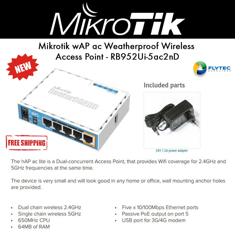 Crack pot Lille bitte Ups MikroTik RouterBOARD hAP ac lite RB952UI-5AC2ND - Wireless access point -  100Mb LAN - Wi-Fi 5 - 2.4 GHz, 5 GHz - DC power - Walmart.com