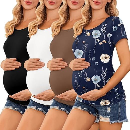 Ekouaer 4 Pack Women' Maternity Shirts Short Sleeve Crew Neck Side Ruched Pregnancy Tops New Mama Clothes