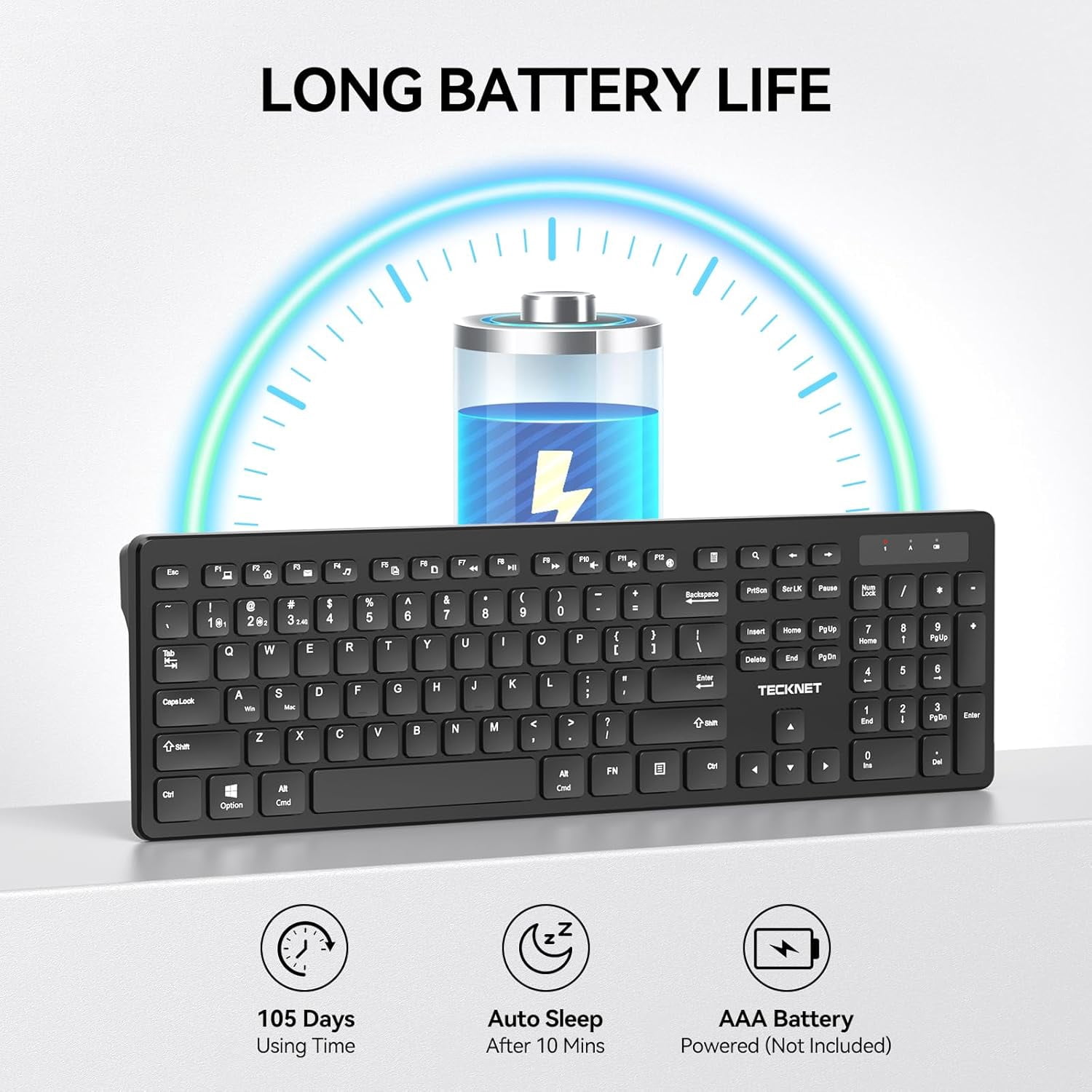 Wireless Keyboards, Support 2.4G USB and Bluetooth - Full Size Computer Keyboards with Number Pad, Multi Device for PC, Desktop, Laptop, Tablet, 105 Days Standby Time, Black