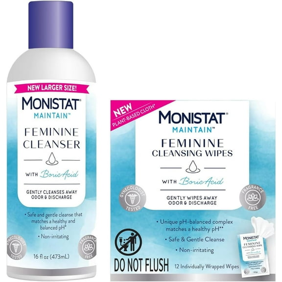 Monistat Maintain Feminine Hygiene Set, 1 Cleanser, 16 fl oz, 1 Wipes, 12 per Box, 2 CT (Variety Pack)