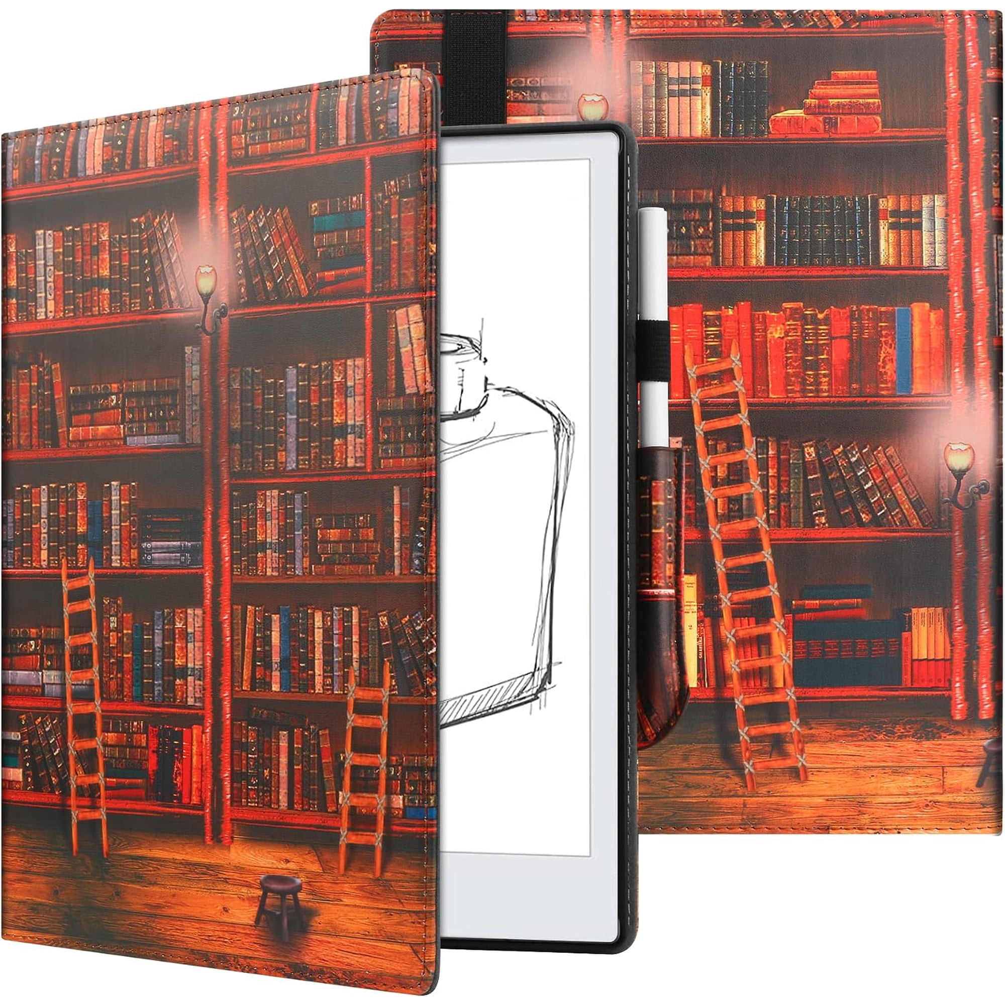 Book Folio Case Cover with Hand Strap & Pen Holder for reMarkable 2 10.3 Digital Paper (2020 Released) Library Pattern