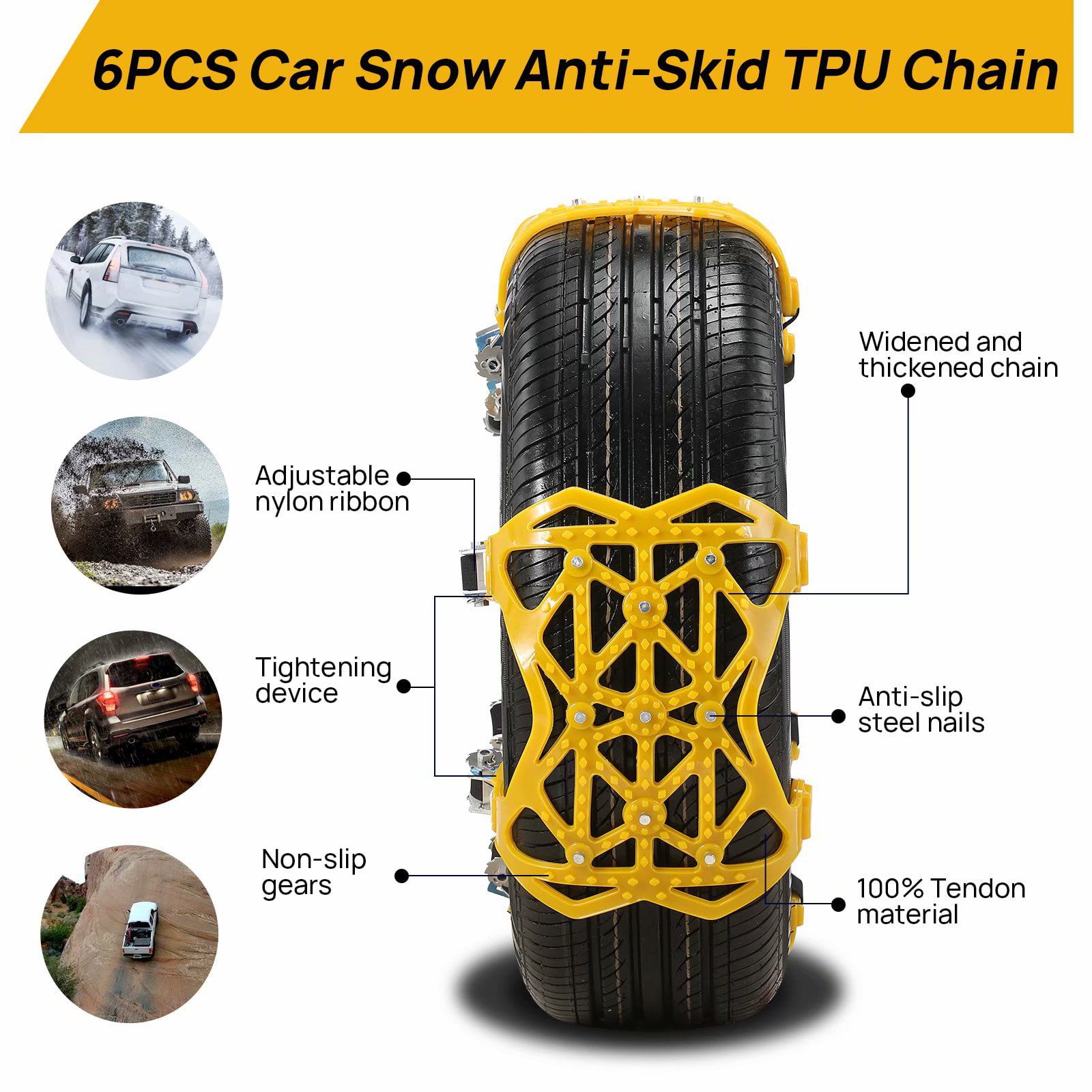 BLACK-6pcs Car Snow Chains 6 Pcs Emergency Tire Chains Universal TPU Anti-Skid Tire Chain for Most Cars/SUV/Trucks Tire Width 6.5-10.4 165-265mm 