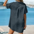 thumbnail image 3 of Women's Cotton Linen Mini Dress V Neck Collared Short Sleeve Dress Summer Vacation Casual Loose Dresses with Pockets, 3 of 6