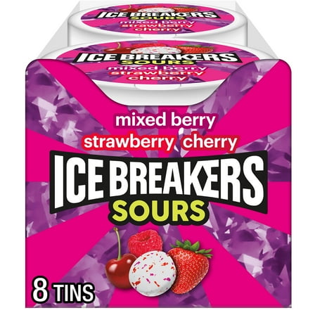 Ice Breakers Sours Assorted Fruit Flavored Sugar Free Mints, Tins 1.5 oz, 8 Count