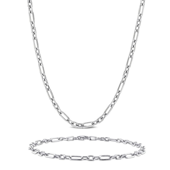 Everly Women's Sterling Silver 3mm Diamond-Cut Figaro Chain Necklace and Bracelet Set - 16 in 7.5 in