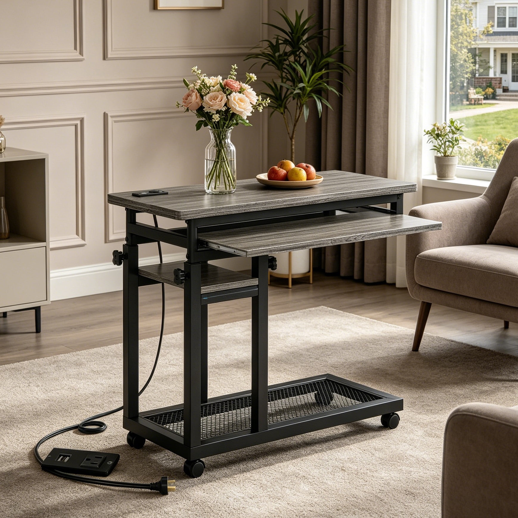 Fnova Small Portable Desk with Charging Station, Height Adjustable Mobile Desk with 4 Wheels, USB Ports & Power Outlet, Rolling Computer Cart, C Side Table for Sofa Couch Bedside, Gray