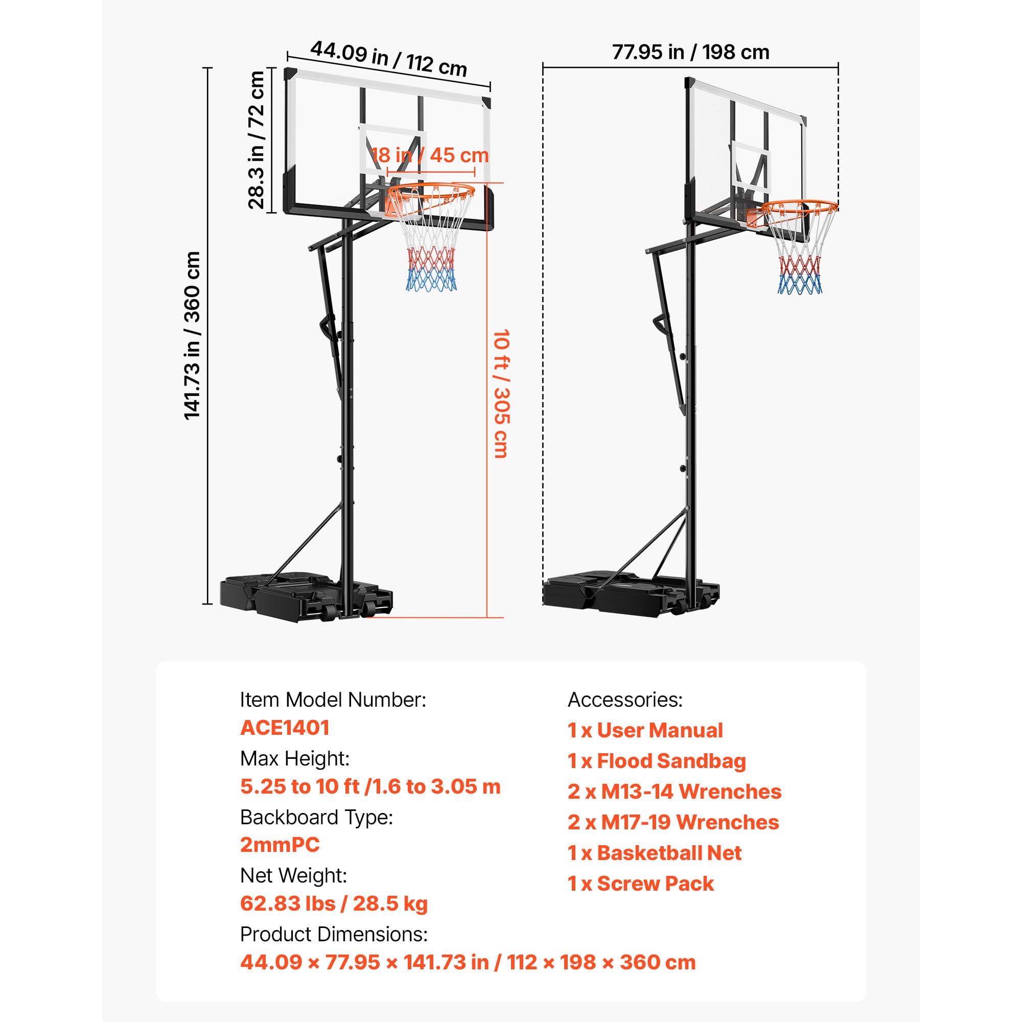 KFFKFF Adjustable Portable Basketball Hoop, 5.25 to 10 ft Height Range, 44-inch PC Backboard with Wheels, Ideal for Kids, Teens, and Adults in Driveways or Poolside Games