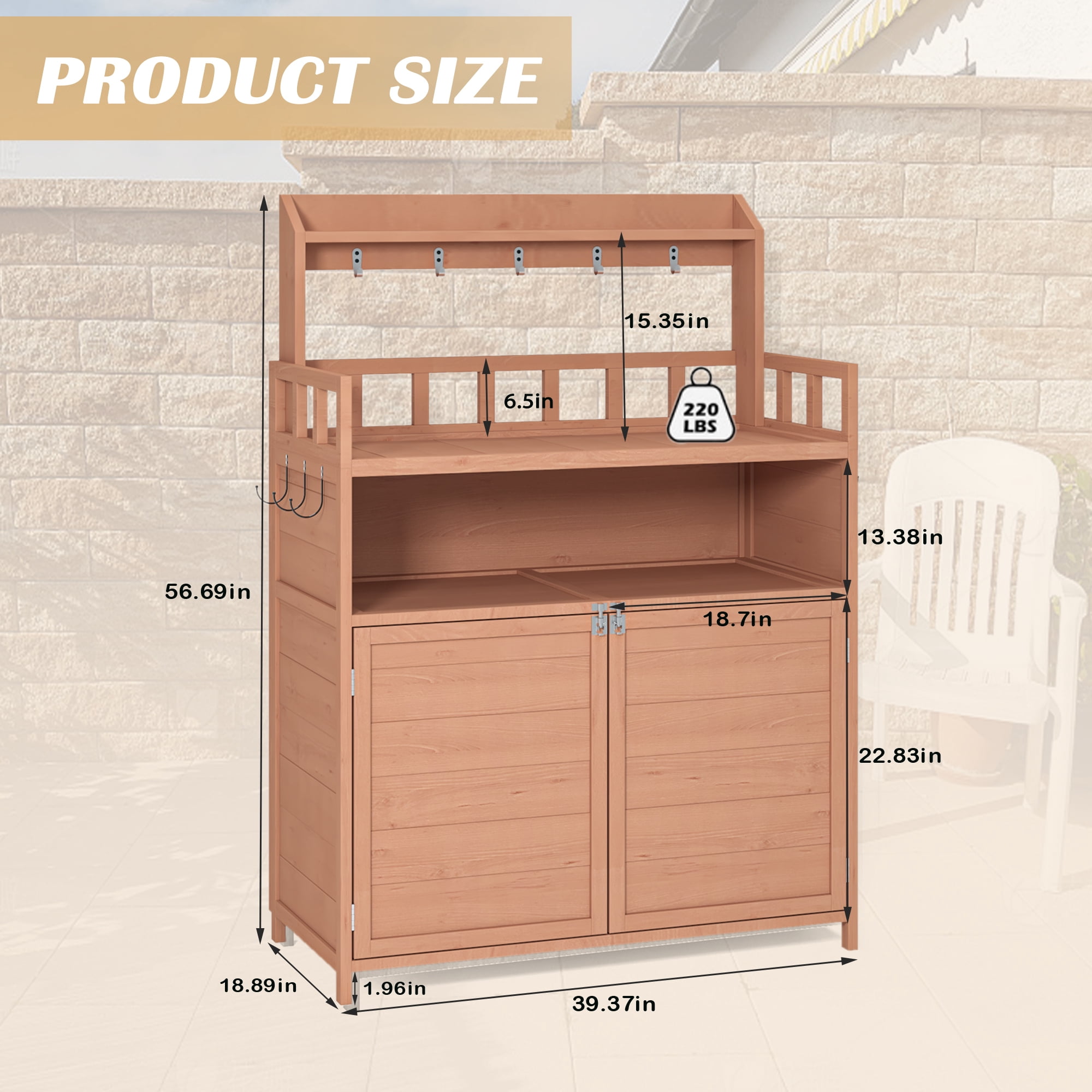 Leumius Potting Bench Outdoor Gardening Table for Outside Wood Garden Planting Workstation Work Benches with Large Storage Cabinet & Top Shelf for Patio Balcony