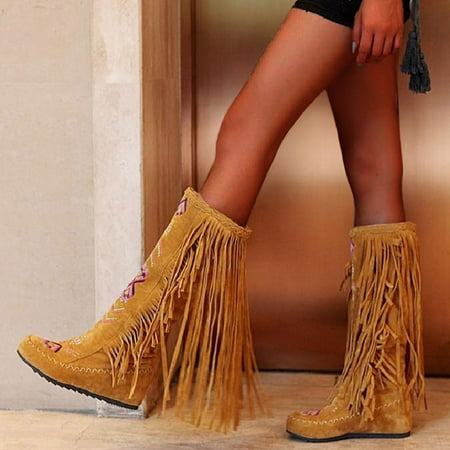 

Midewhik Woman Style Women Heels Fringe Flock Chinese Boots Boots High Long Flat Tassel Nation Leather Fashion Knee Women s Boots